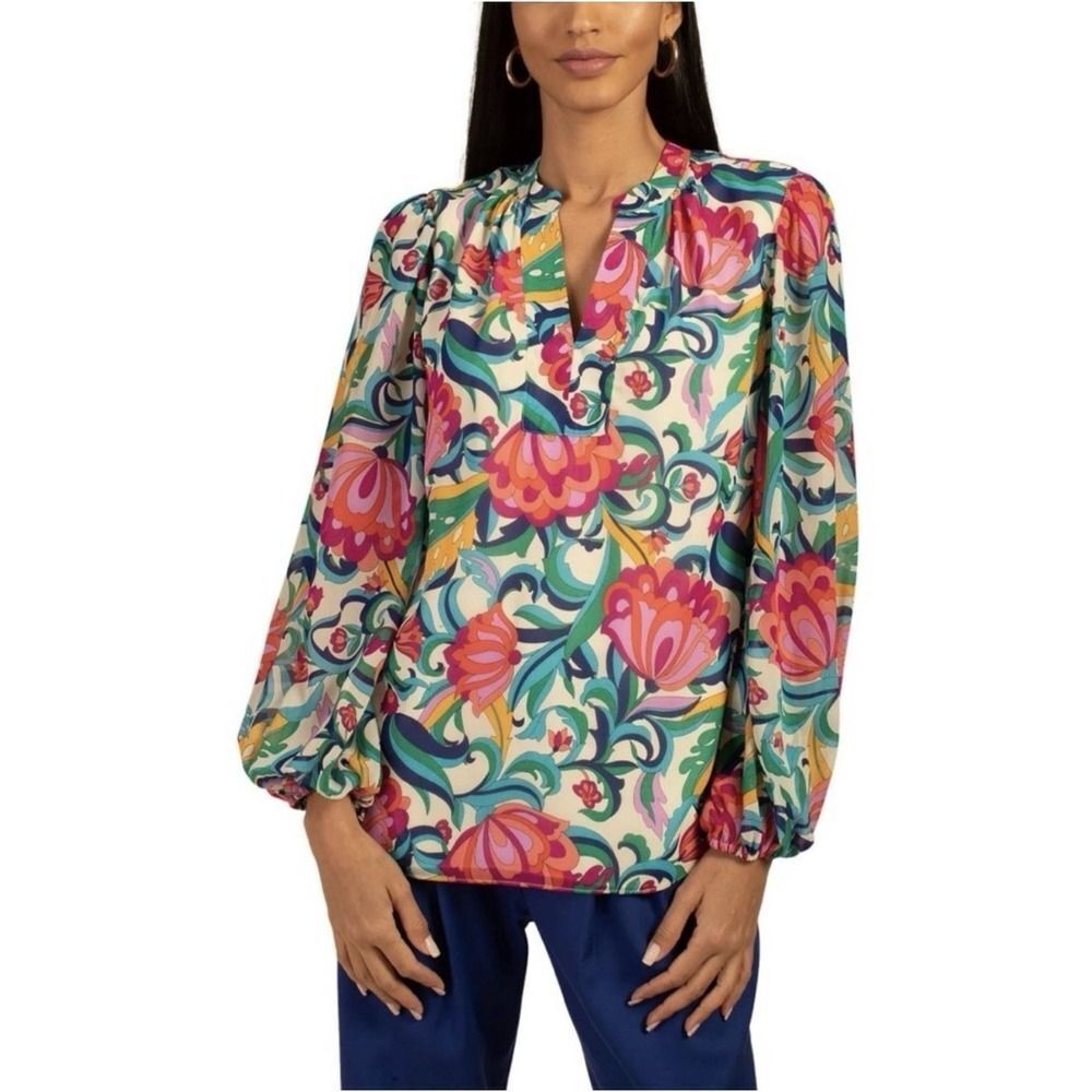 Trina Turk Tanvi Long Multi Color Balloon Sleeve Tanvi Top. Sz M. NWOT
